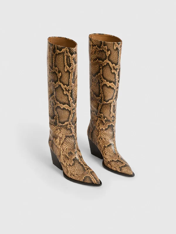 Oderzo Nocciola Printed Snake Knee high western boots