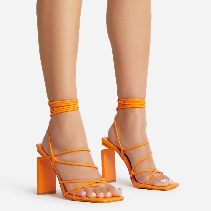 Laced Wide Fit Strappy Square Toe Cut Out Thin Block Heel In Orange Faux Leather