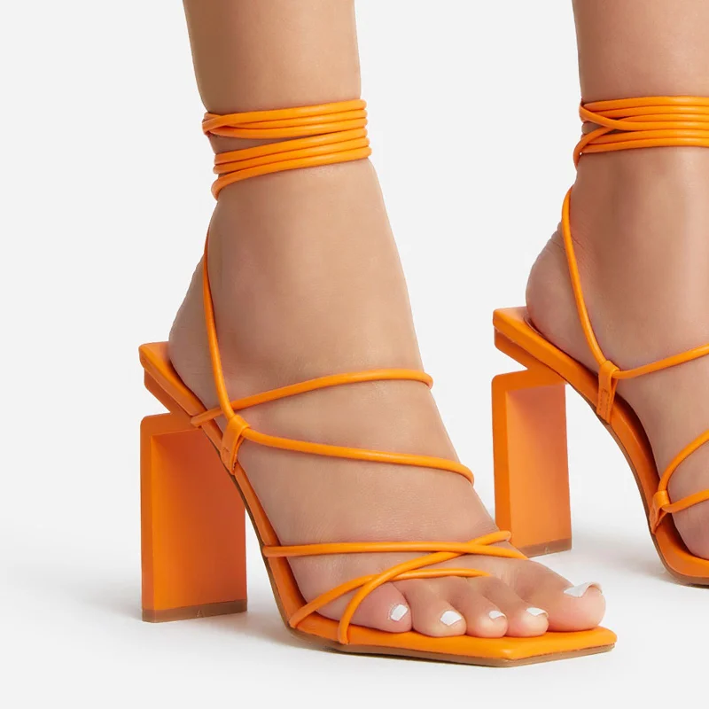 Laced Wide Fit Strappy Square Toe Cut Out Thin Block Heel In Orange Faux Leather