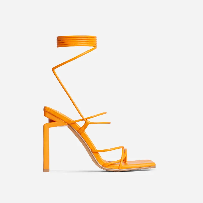 Laced Wide Fit Strappy Square Toe Cut Out Thin Block Heel In Orange Faux Leather