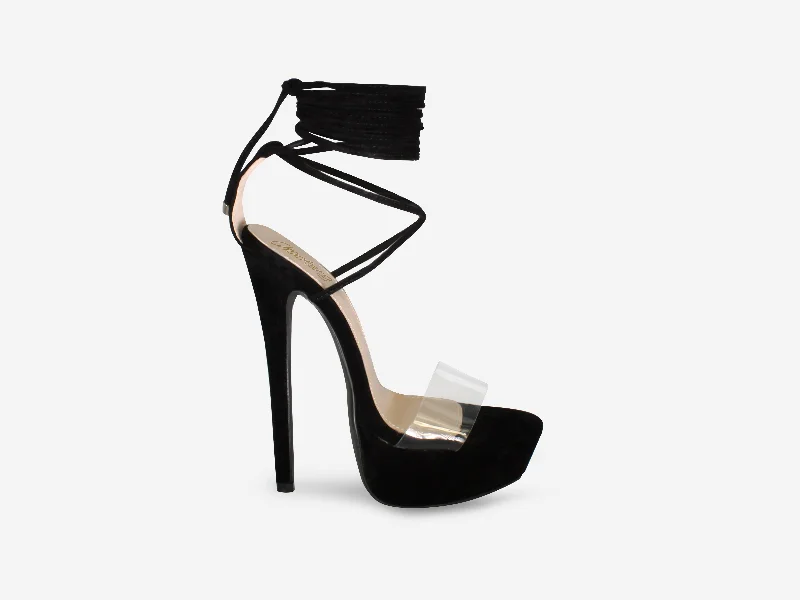 Tarsha - Black Faux Suede Tie Up Platform Heel