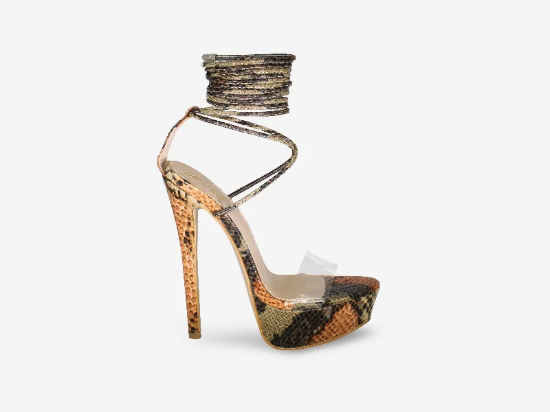 Tarsha - Brown Snake Print Tie Up Platform Heel