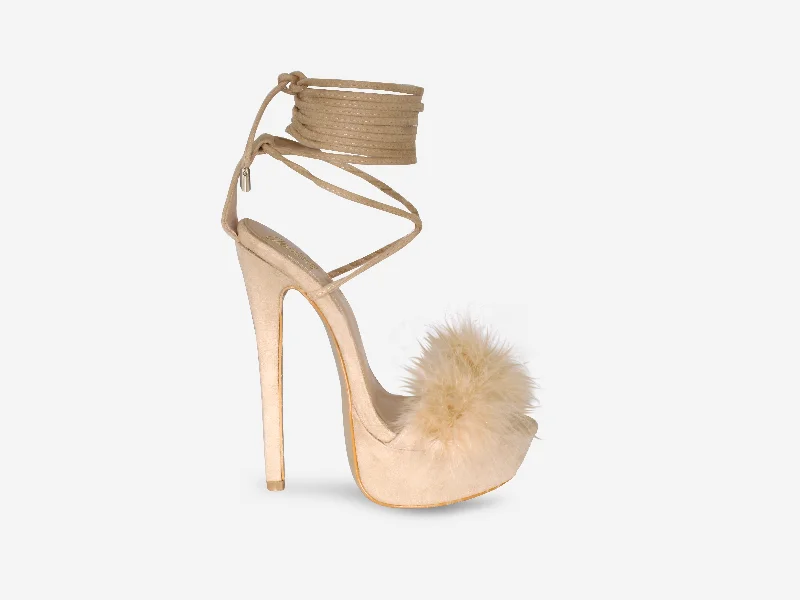 Veronica – Nude Faux Suede Fluffy Tie Up Platform Heel