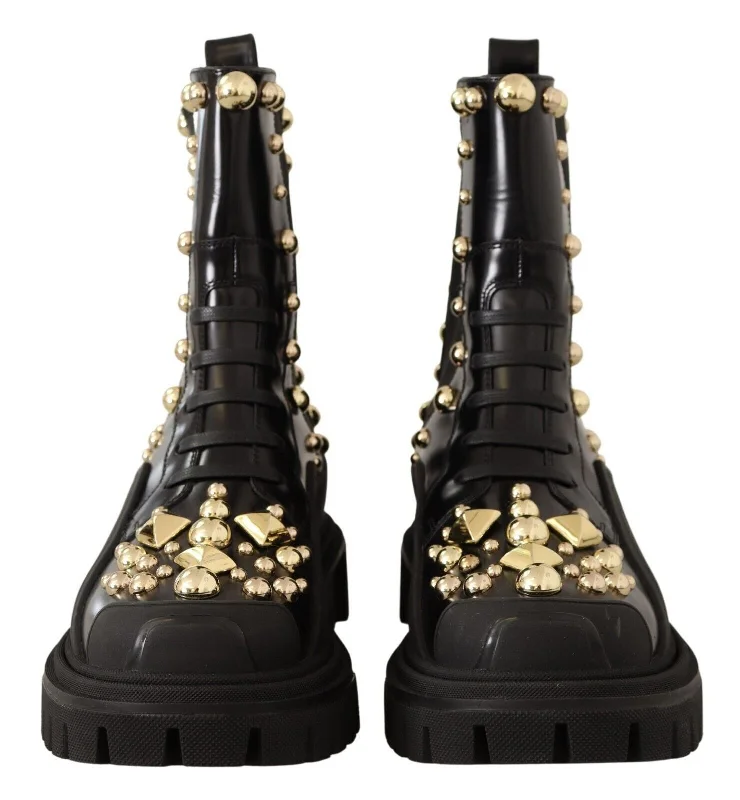 Dolce & Gabbana Black Leather Studded Combat Boots