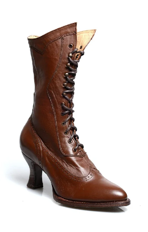 Modern Victorian Lace Up Leather Boots in Cognac