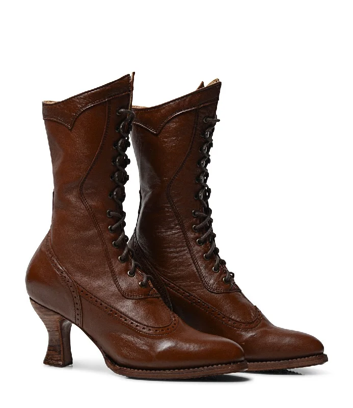 Modern Victorian Lace Up Leather Boots in Cognac