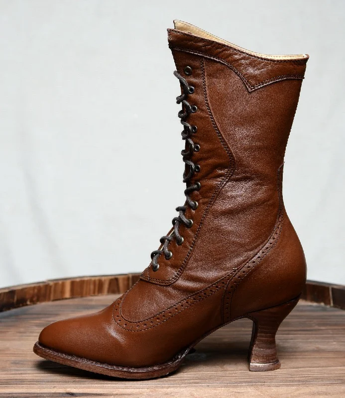 Modern Victorian Lace Up Leather Boots in Cognac