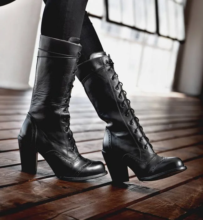 Victorian Inspired Mid-Calf Leather Boots in Black Rustic