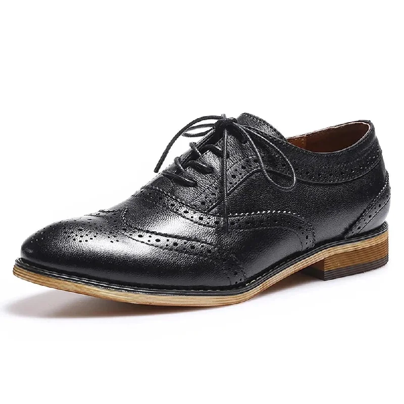 Women Genuine Leather Oxfords Classic Lace-up Brogue Wingtip Hand-made Comfrot Ladies Shoe