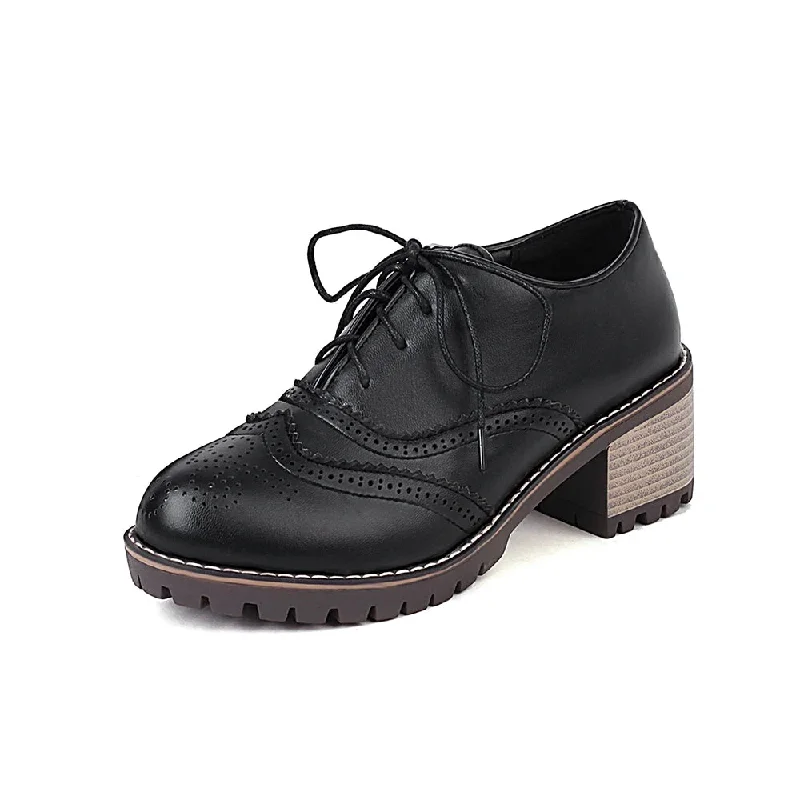 Women Ladies Brogues Oxford Lace Up Shoes Vintage Round Toe Women Ankle Boot England Style high heels